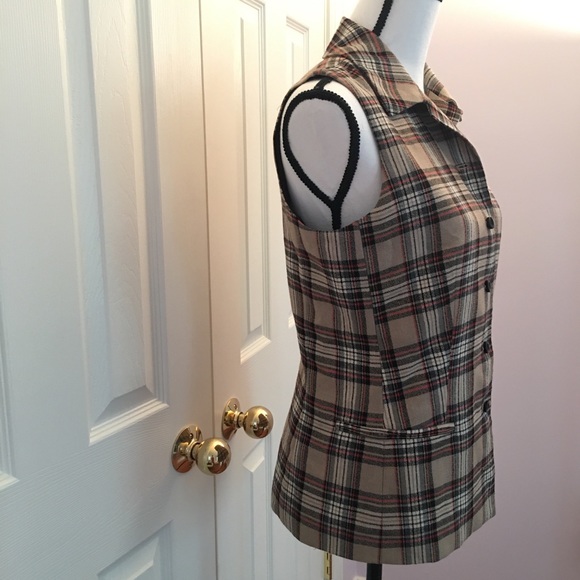 Behar hunt button tan red black stripe plaid vest - Picture 2 of 8